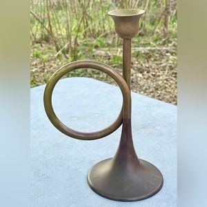 Vintage Mid Century Antique Solid Brass Bronze Figural Bugle Horn Candlestick